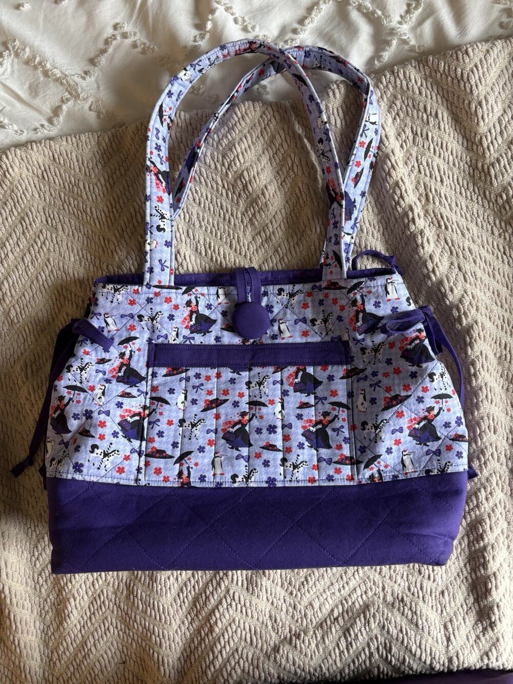 Mary Poppins Quilted Tote Bag Purple Cotton Shoulder Bag Pockets